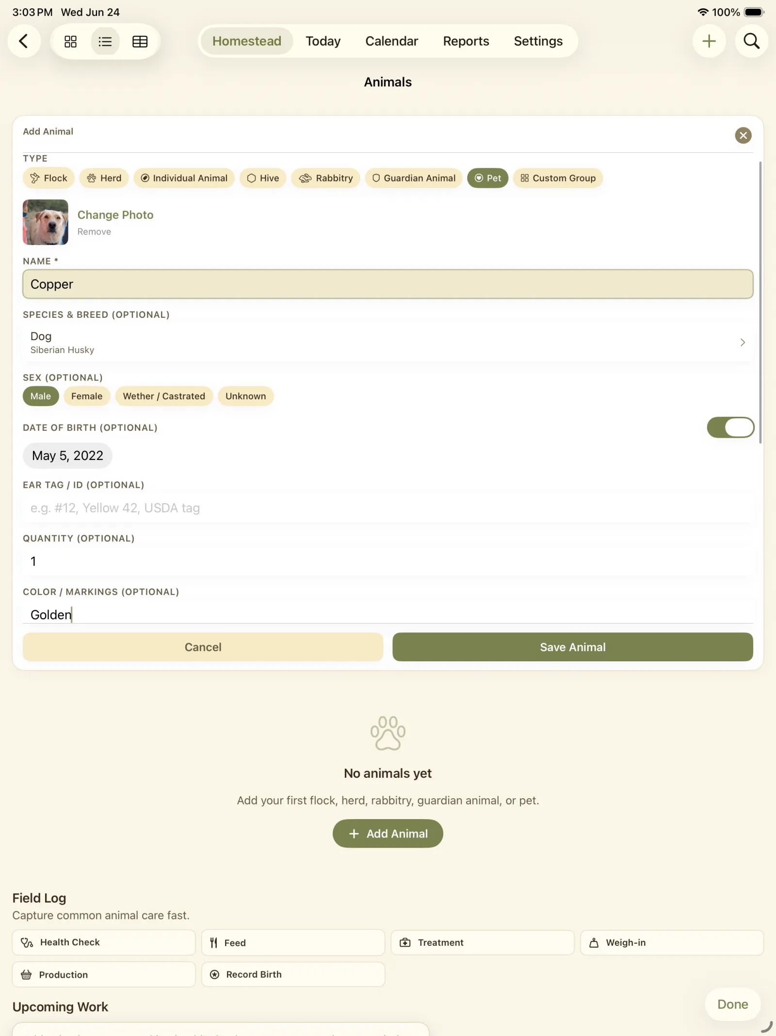 New animal form with fields for name, species, type, status, sex, location, and notes.